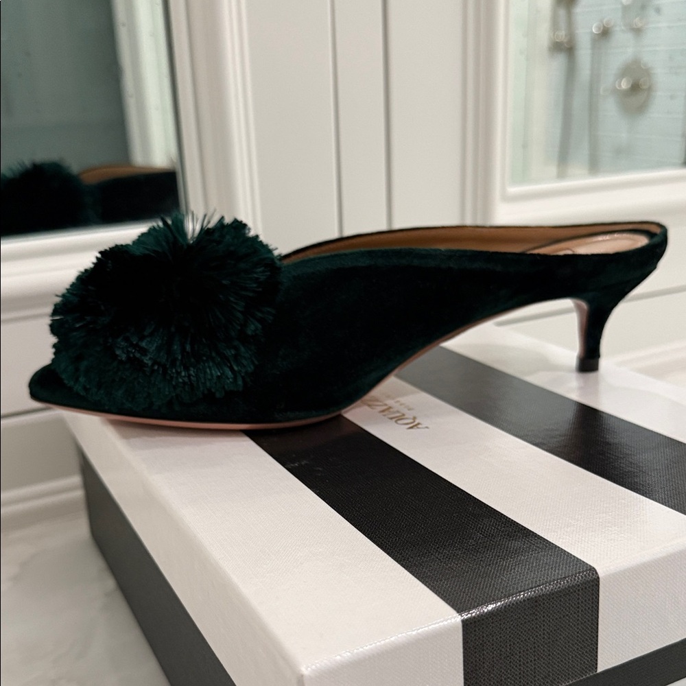 Aquazzura Emerald Green Velvet Pom-Pom Pointed Mules